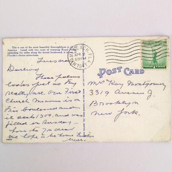 Vintage Florida Linen Postcard Stately Royal Palm Trees Lined Street Miami 1941 - Picture 2 of 2